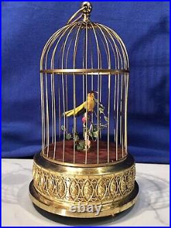 Vintage Germany Brass Cage Singing Automaton Birds Music Box, Key Wound