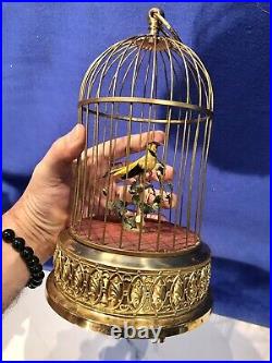 Vintage Germany Brass Cage Singing Automaton Birds Music Box, Key Wound