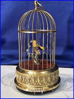 Vintage Germany Brass Cage Singing Automaton Birds Music Box, Key Wound