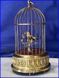 Vintage Germany Brass Cage Singing Automaton Birds Music Box, Key Wound