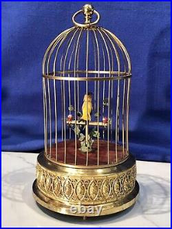 Vintage Germany Brass Cage Singing Automaton Birds Music Box, Key Wound