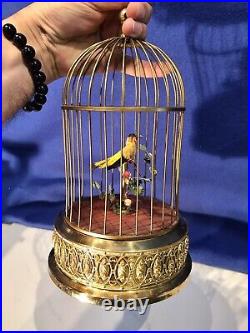 Vintage Germany Brass Cage Singing Automaton Birds Music Box, Key Wound