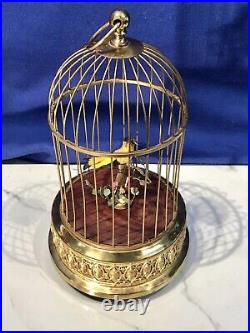 Vintage Germany Brass Cage Singing Automaton Birds Music Box, Key Wound