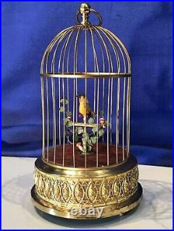 Vintage Germany Brass Cage Singing Automaton Birds Music Box, Key Wound