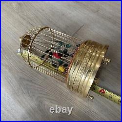 Vintage Germany Brass Cage Singing Automaton Birds Music Box, Key Wound, 2 Birds