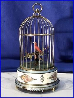 Vintage Germany Brass Cage Singing Automaton Birds Music Box, Key Wound Movement