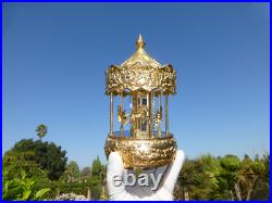 Vintage Gold Filled Carousel Music Box Antimony Horses 8 Mirrored Column