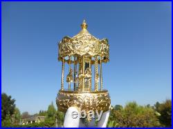 Vintage Gold Filled Carousel Music Box Antimony Horses 8 Mirrored Column