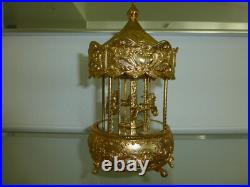 Vintage Gold Filled Carousel Music Box Antimony Horses 8 Mirrored Column