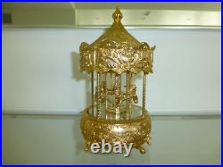 Vintage Gold Filled Carousel Music Box Antimony Horses 8 Mirrored Column
