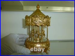 Vintage Gold Filled Carousel Music Box Antimony Horses 8 Mirrored Column