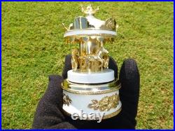 Vintage Gold Gilt Metal Carousel Music Box Antimony Horses Mirrored Column