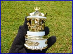 Vintage Gold Gilt Metal Carousel Music Box Antimony Horses Mirrored Column