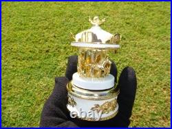 Vintage Gold Gilt Metal Carousel Music Box Antimony Horses Mirrored Column