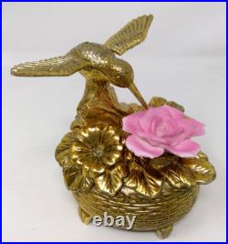 Vintage Gold Tone Metal Flapping Wing Hummingbird Rotating Rose Music Box
