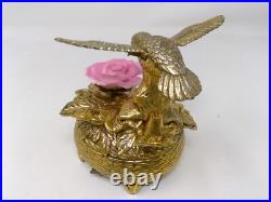 Vintage Gold Tone Metal Flapping Wing Hummingbird Rotating Rose Music Box