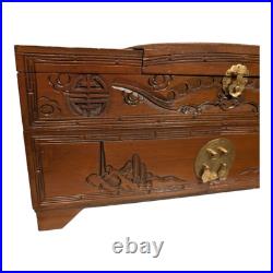 Vintage Hand Carved Wood Jewelry Box Chinese Oriental Asian Musical Music