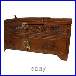 Vintage Hand Carved Wood Jewelry Box Chinese Oriental Asian Musical Music