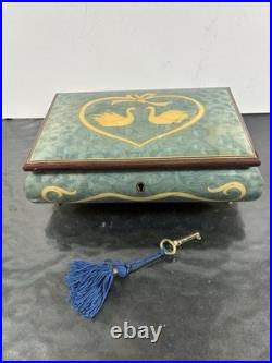 Vintage Italian Hand Crafted Natural Wood Reuge Musical Jewelry Box with Key