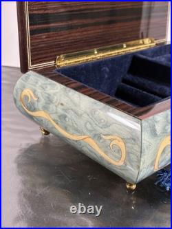 Vintage Italian Hand Crafted Natural Wood Reuge Musical Jewelry Box with Key