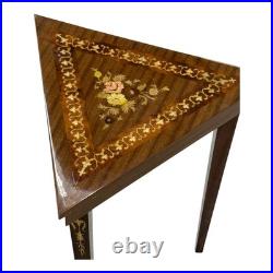Vintage Italian Inlaid Triangular Music Box Table Floral Marquetry Design, Hid