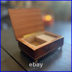 Vintage Italian Musical Jewelry Box Burl Wood with Floral Inlay Plays'Theme