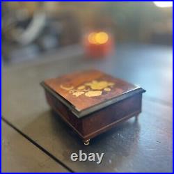 Vintage Italian Musical Jewelry Box Burl Wood with Floral Inlay Plays'Theme