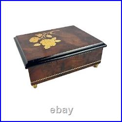 Vintage Italian Musical Jewelry Box Burl Wood with Floral Inlay Plays'Theme