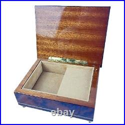 Vintage Italian Musical Jewelry Box Burl Wood with Floral Inlay Plays'Theme