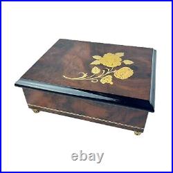 Vintage Italian Musical Jewelry Box Burl Wood with Floral Inlay Plays'Theme