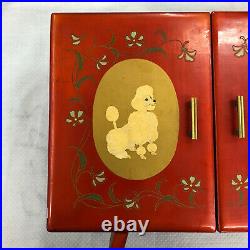 Vintage Jewelry Music Box Asian Red Gold Handpainted Poodle Mechanical Dancers