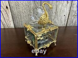 Vintage La Melodie Reuge Swiss Music Box Swarovski Crystal Gold Plated Swan 1980