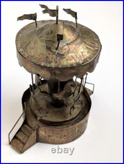 Vintage Metal Carousel Music Box Sankyo Japan Horses HK Patina 8