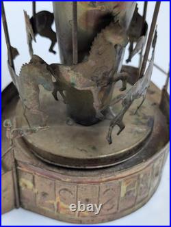 Vintage Metal Carousel Music Box Sankyo Japan Horses HK Patina 8