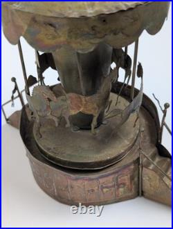 Vintage Metal Carousel Music Box Sankyo Japan Horses HK Patina 8