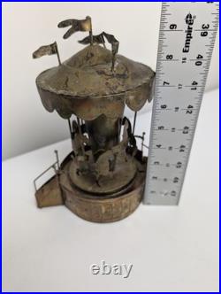 Vintage Metal Carousel Music Box Sankyo Japan Horses HK Patina 8