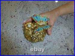 Vintage Music Box Gold Tone Metal Butterfly Musical Automaton Mechanical Wind