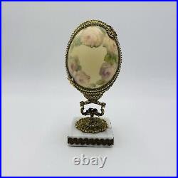 Vintage Ostrich Egg Ornate Hand Decorated Brass & Marble Base Green Velvet Lined