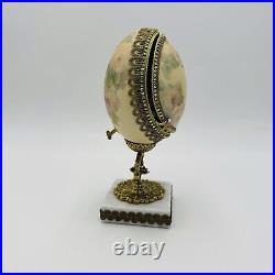 Vintage Ostrich Egg Ornate Hand Decorated Brass & Marble Base Green Velvet Lined