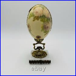 Vintage Ostrich Egg Ornate Hand Decorated Brass & Marble Base Green Velvet Lined