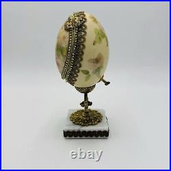 Vintage Ostrich Egg Ornate Hand Decorated Brass & Marble Base Green Velvet Lined