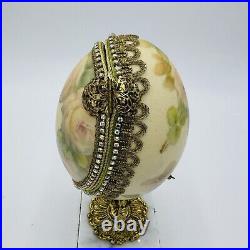 Vintage Ostrich Egg Ornate Hand Decorated Brass & Marble Base Green Velvet Lined