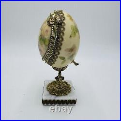 Vintage Ostrich Egg Ornate Hand Decorated Brass & Marble Base Green Velvet Lined