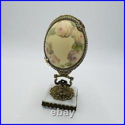 Vintage Ostrich Egg Ornate Hand Decorated Brass & Marble Base Green Velvet Lined