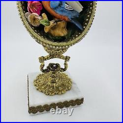 Vintage Ostrich Egg Ornate Hand Decorated Brass & Marble Base Green Velvet Lined