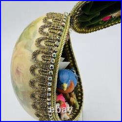 Vintage Ostrich Egg Ornate Hand Decorated Brass & Marble Base Green Velvet Lined