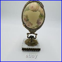 Vintage Ostrich Egg Ornate Hand Decorated Brass & Marble Base Green Velvet Lined