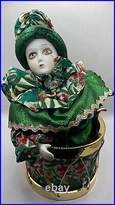 Vintage Porcelain Harlequin Jester Clown/Doll In A Drum Animated Music Box