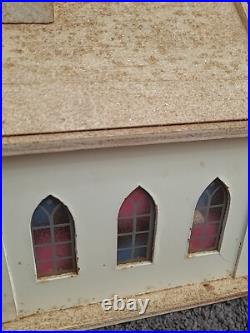 Vintage Putz Church Music Box Wood Stained Glass Windows Tall Steeple Bell 16.5