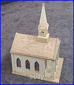 Vintage Putz Church Music Box Wood Stained Glass Windows Tall Steeple Bell 16.5